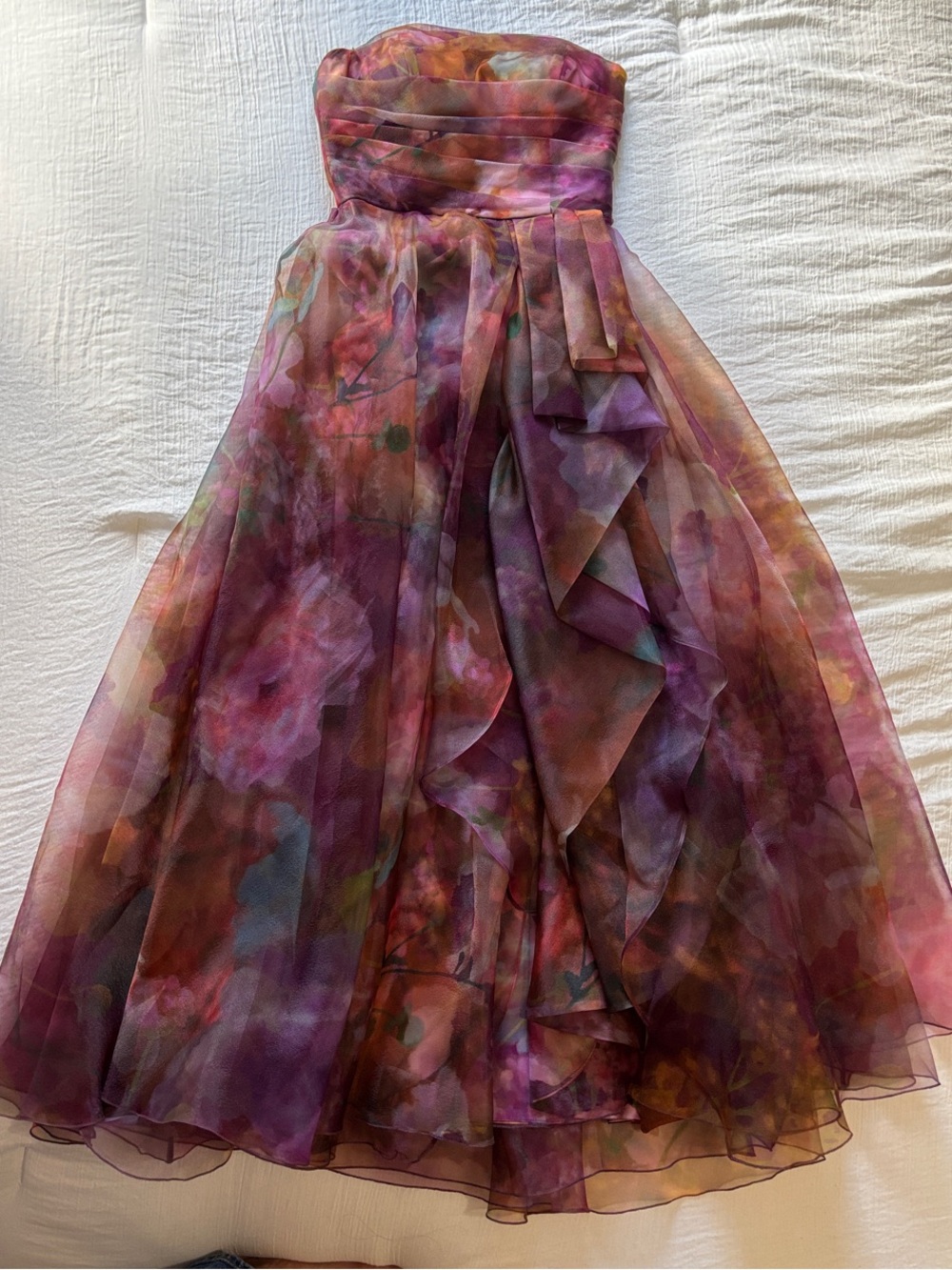 Theia Strapless Watercolor Floral Organza Dress in Purple and Pink